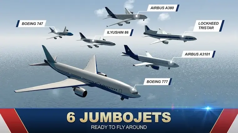 Jumbo Jet Flight Simulator: i modelli di aereo disponibili mostrati in volo con i rispettivi nomi