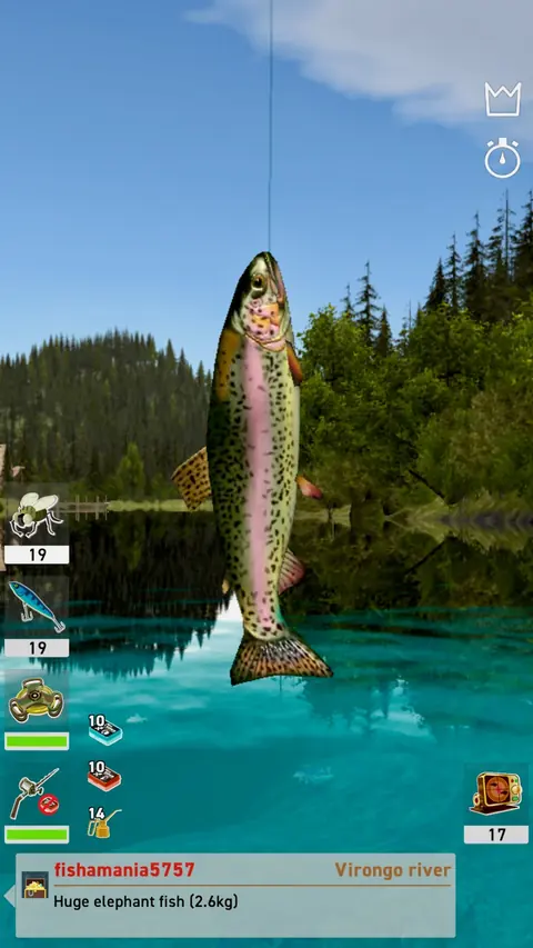 The Fishing Club 3D: una trota appena recuperata mostrata davanti alla riva del lago