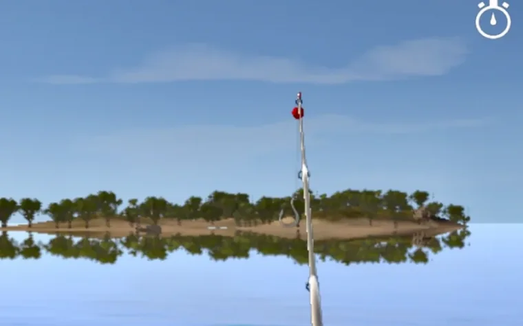 The Fishing Club 3D: lenza lanciata verso un'isola alberata riflessa nell'acqua ferma del lago