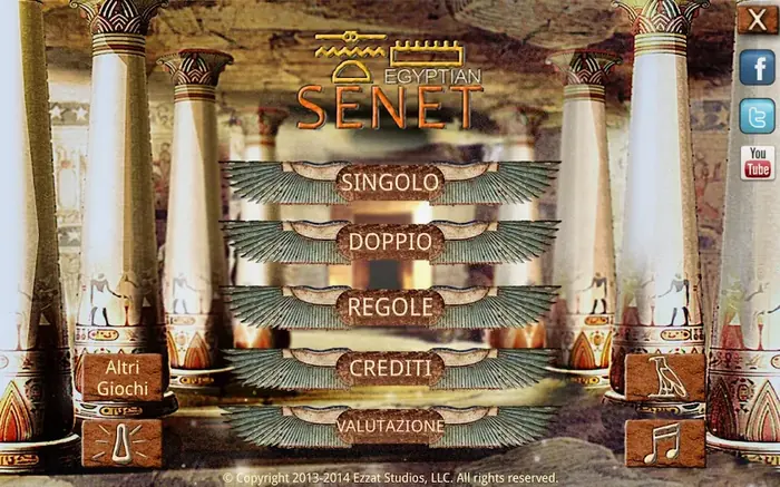 Senet Egiziano: menu principale in italiano con le voci singolo, doppio, regole e crediti